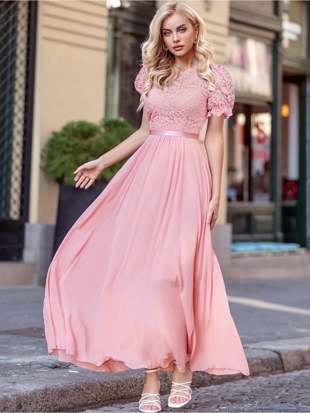 Miusol women Pink Lace Bodice Maxi Dress size S 55” long